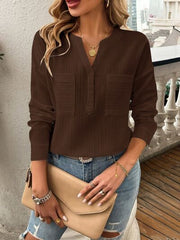 Devine Pocketed Notched Long Sleeve Blouse