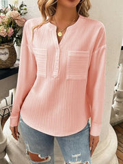Devine Pocketed Notched Long Sleeve Blouse
