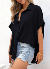 Women's Casual Button Short Sleeve Slit Hem Shirt Solid Color Tops