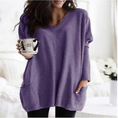 Women's Autumn Pullover Casual Round Neck Long Sleeve Pocket T-shirt Top