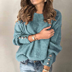 Women's Street Hipster Long-sleeved Round Neck Button Sweater Top T-shirt