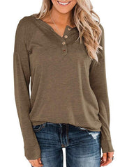 Women Solid Color Knitted Long-sleeved Leisure Round Neck Pullover Button Top T-shirt