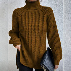 Cotton Turtleneck Raglan Sleeve Split Hem Sweater