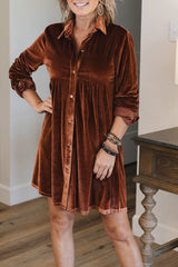 Solid Velvet Vintage Casual Long Sleeve Shirt Dress