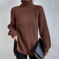 Cotton Turtleneck Raglan Sleeve Split Hem Sweater