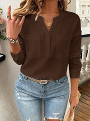 Devine Pocketed Notched Long Sleeve Blouse