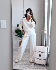 Women's Casual Long Sleeve Sweatsuits Polo Top and Wide Leg Pants Matching Sets