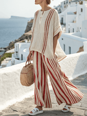 Women Summer Loose Slit Contrast Striped Pants Set