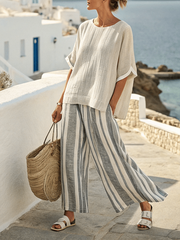 Women Summer Loose Slit Contrast Striped Pants Set
