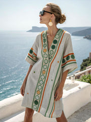 Ladies' V-neck Cotton and Linen Circle Print Loose and Casual Dress