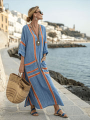Ladies' V-neck Striped Casual Loose Dress