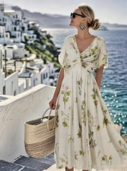 Women's Loose V-Neck Short Sleeve Floral Print Dress