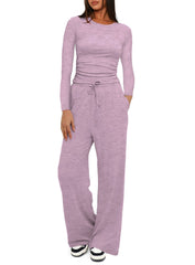 Two-piece Set Women's Solid Ruched Tee & Drawstring Pocket Pants Lounge Set