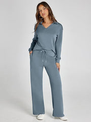 Women's Casual Long Sleeve Sweatsuits Polo Top and Wide Leg Pants Matching Sets