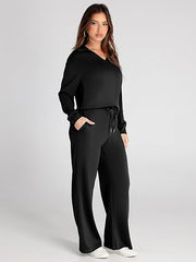 Women's Casual Long Sleeve Sweatsuits Polo Top and Wide Leg Pants Matching Sets