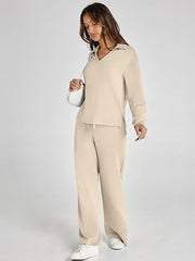 Women's Casual Long Sleeve Sweatsuits Polo Top and Wide Leg Pants Matching Sets
