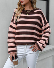 Striped Sweater Women Knitted Crew Neck Pullover Sweater