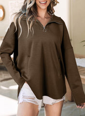 Women's Long Sleeve Half Zipper Pocket Sweatshirt Pullover -Buy 2 Free Shipping