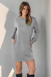 Women Long Sleeve Casual Crewneck Mini Dress with Pockets