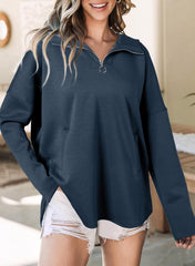 Women's Long Sleeve Half Zipper Pocket Sweatshirt Pullover -Buy 2 Free Shipping