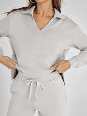 Women's Casual Long Sleeve Sweatsuits Polo Top and Wide Leg Pants Matching Sets