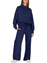 Women's Cotton Two-Piece Oversized Drawstring Sweatshirt Wide Leg Sweatpants Casual Set
