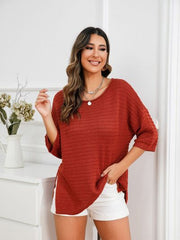 Rolled Round Neck Dropped Shoulder Slit Sweater