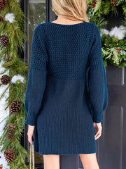 Honeycomb Knit V-Neck Mini Sweater Dress