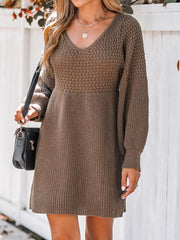 Honeycomb Knit V-Neck Mini Sweater Dress