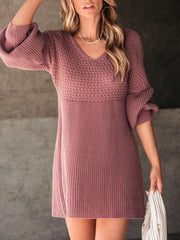 Honeycomb Knit V-Neck Mini Sweater Dress