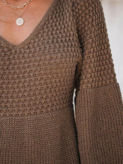 Honeycomb Knit V-Neck Mini Sweater Dress