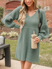 Honeycomb Knit V-Neck Mini Sweater Dress