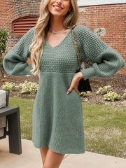 Honeycomb Knit V-Neck Mini Sweater Dress