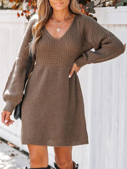 Honeycomb Knit V-Neck Mini Sweater Dress
