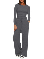 Two-piece Set Women's Solid Ruched Tee & Drawstring Pocket Pants Lounge Set