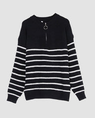 Striped Pattern Quarter Zipper Drop Shoulder Sweater Pullover
