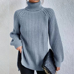 Cotton Turtleneck Raglan Sleeve Split Hem Sweater