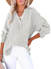 Womens Casual Button V Neck Long Sleeve Shirts Oversized Solid Blouses Tops