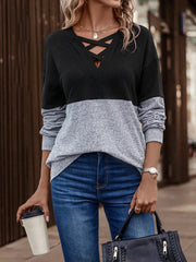V-Neck Cross Contrast Color Splicing Drop Shoulder Casual Sweater Pullover