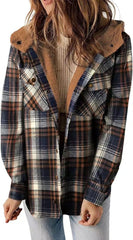 Womens Plaid Long Sleeve Button Down Fleece Warm Coat