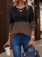 V-Neck Cross Contrast Color Splicing Drop Shoulder Casual Sweater Pullover