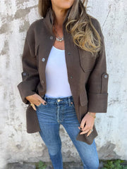 Casual Button-up Stand Collar Multi-Pocket Wool Jacket