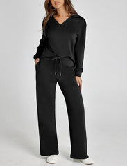 Women's Casual Long Sleeve Sweatsuits Polo Top and Wide Leg Pants Matching Sets