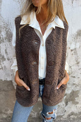 Brown Sherpa Button Vest Jacket
