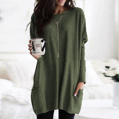 Women's Autumn Pullover Casual Round Neck Long Sleeve Pocket T-shirt Top