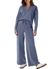 Women's Casual Long Sleeve Sweatsuits Polo Top and Wide Leg Pants Matching Sets