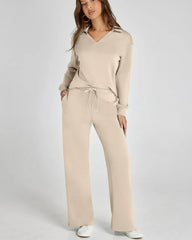Women's Casual Long Sleeve Sweatsuits Polo Top and Wide Leg Pants Matching Sets