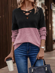 V-Neck Cross Contrast Color Splicing Drop Shoulder Casual Sweater Pullover