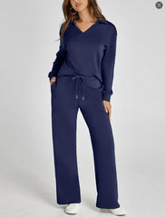 Women's Casual Long Sleeve Sweatsuits Polo Top and Wide Leg Pants Matching Sets