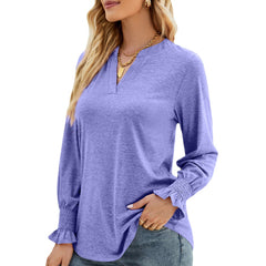 Women's Pullover Top Autumn Casual V-neck Solid Color Ruffle Sleeve Loose T-shirt